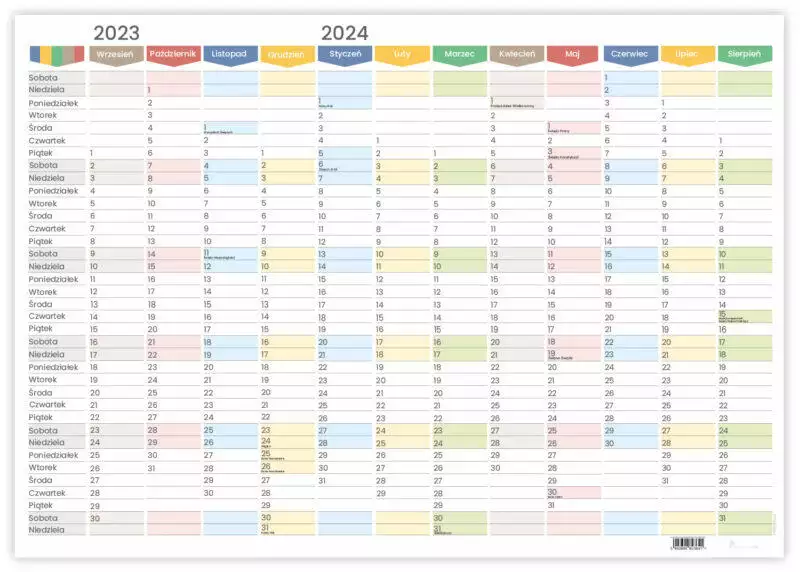 PLANER ŚCIENNY KALENDARZ NA ROK SZKOLNY 2023 2024 B2 NIEZMYWALNY TĘCZA